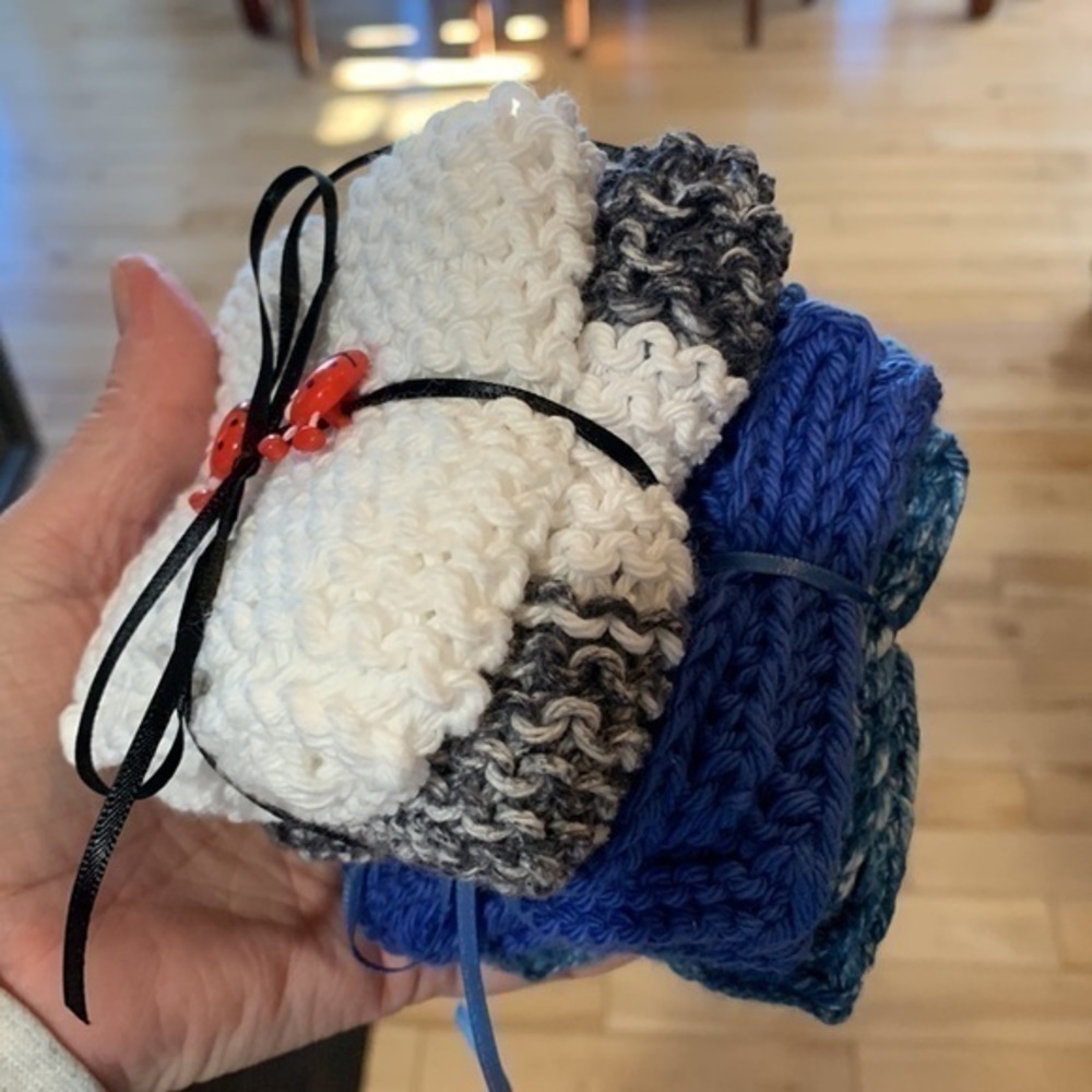 Handmade Knitted Dishcloths 4 Blue White